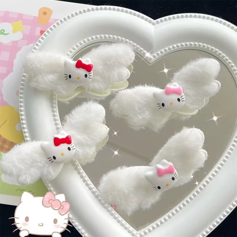 2szt Kawaii Sanrio Hello Kitty Angel Spinka do włosów Cartoon Plush Wings w połączeniu z grzywką dla dziewczynek Nakrycie głowy dla kobiet Prezent