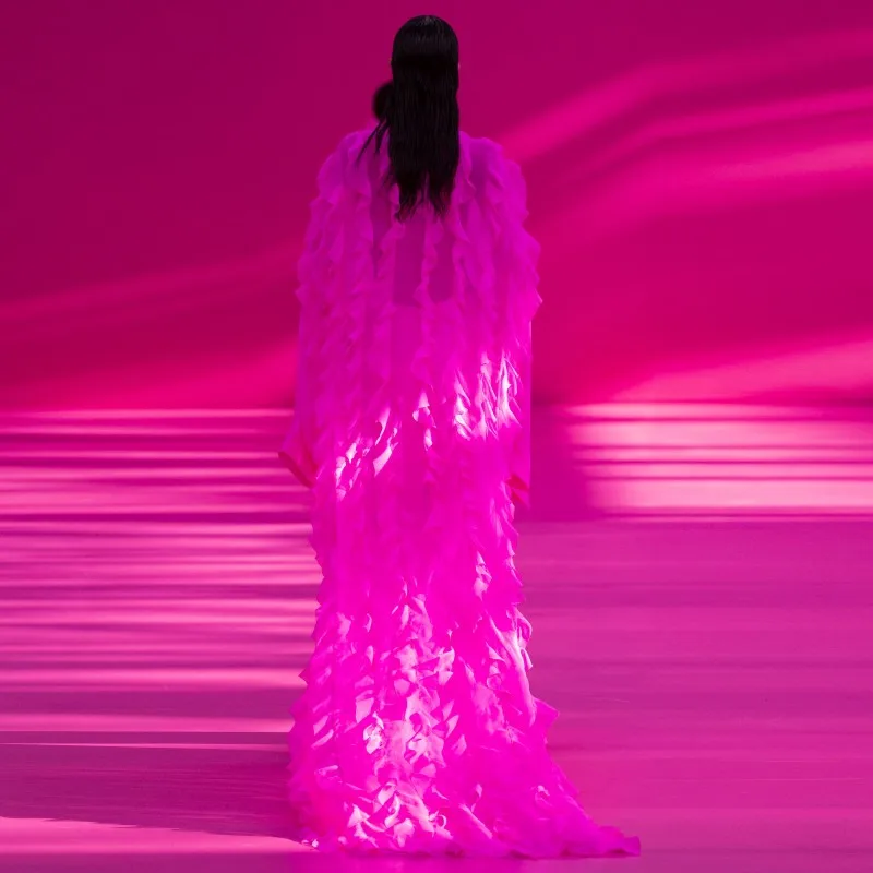 Dream Pink Sheer Jackets for Women Handmade Ruffle Maxi Dress High Fashion Women Jackets See Through Gowns with Train