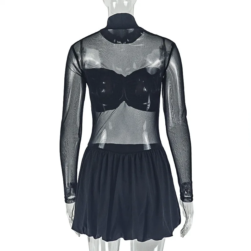 2025 Autumn Mesh Sheer Patchwork Pleated Skinny Dress Women Sexy Spicy Girls Turtleneck Full Sleeve A-line Club Partywear Dress