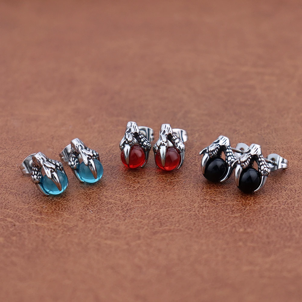 Fashion Dragon Claw Stud Earrings for Men Women Retro Stainless Steel Black/Red/Blue Stone Dragon Claw Piercing Earring Jewelry