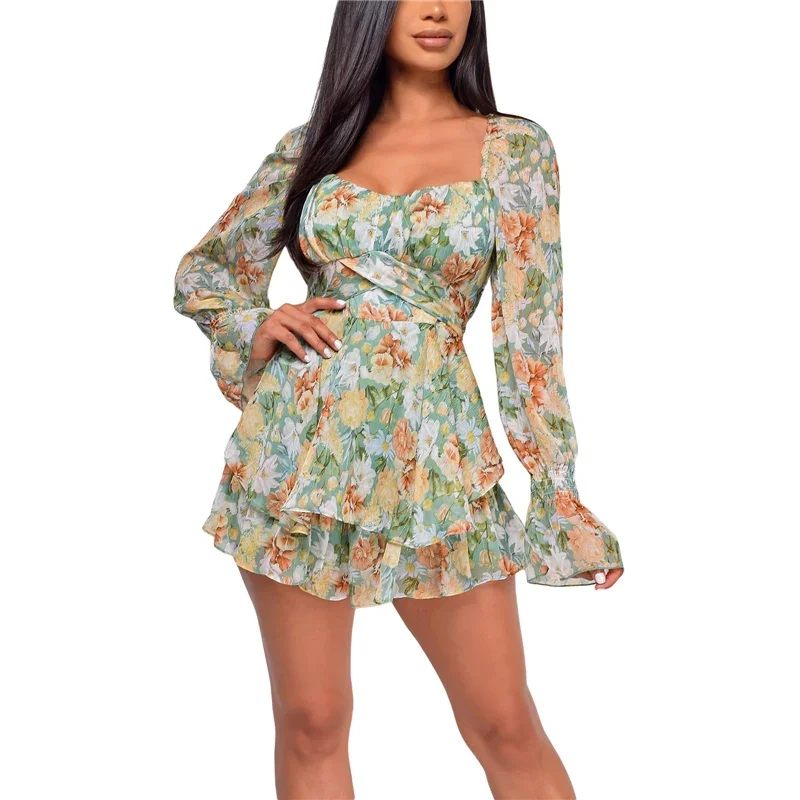 Robe Sexy à col carré pour femmes, tenue à bandes florales, taille haute, manches longues, dos nu, Mini, tenue de soirée, 2025