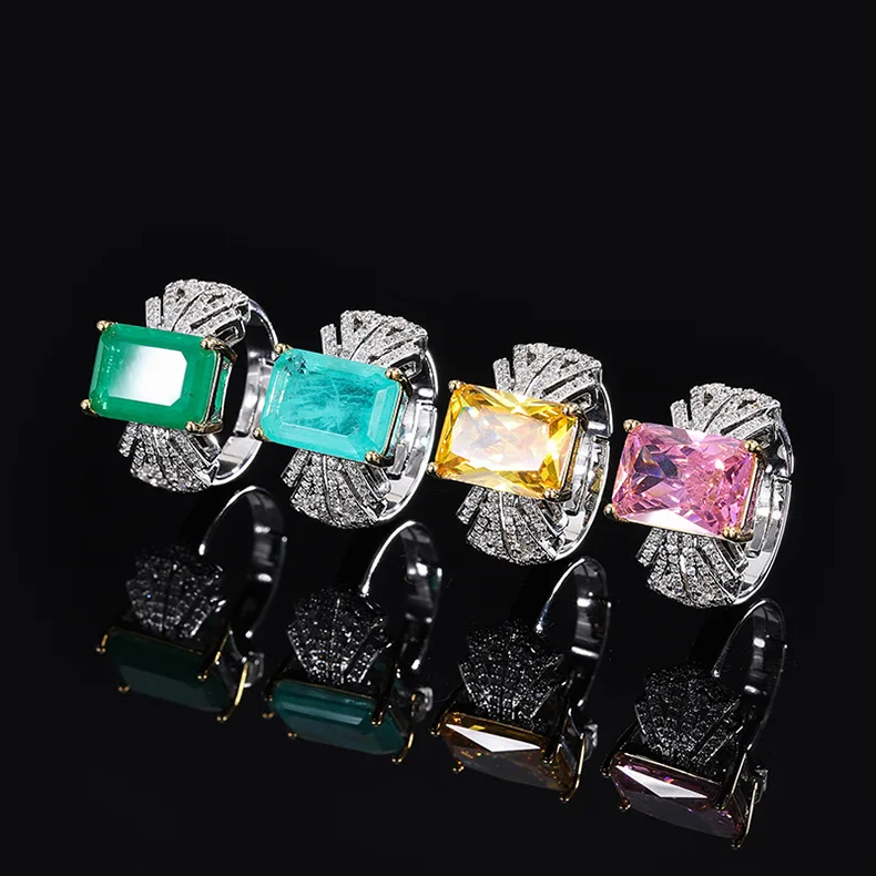 QTT New Trendy Synthesis Emerald Paraiba Tourmaline Silver Color Rings for Women Wedding Banquet Luxury Fine Jewelry Party Gift