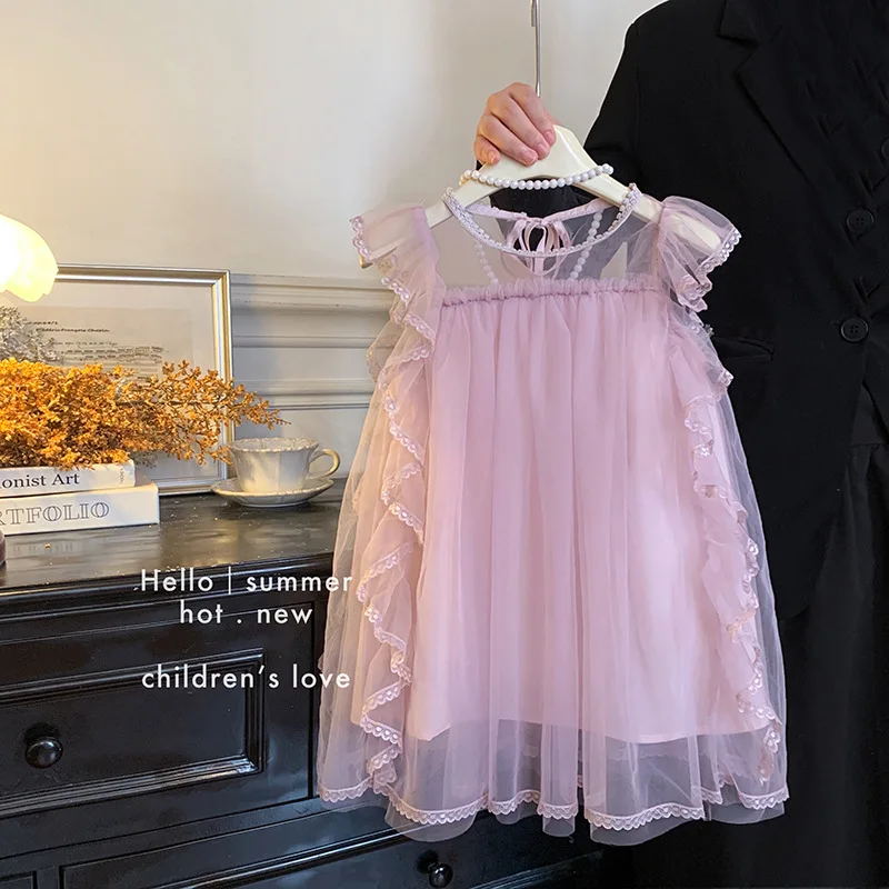 2026 New Korean Version Girls' Solid Color Purple Dress, Baby Little Girls' Sleeveless Mesh Lace Dress