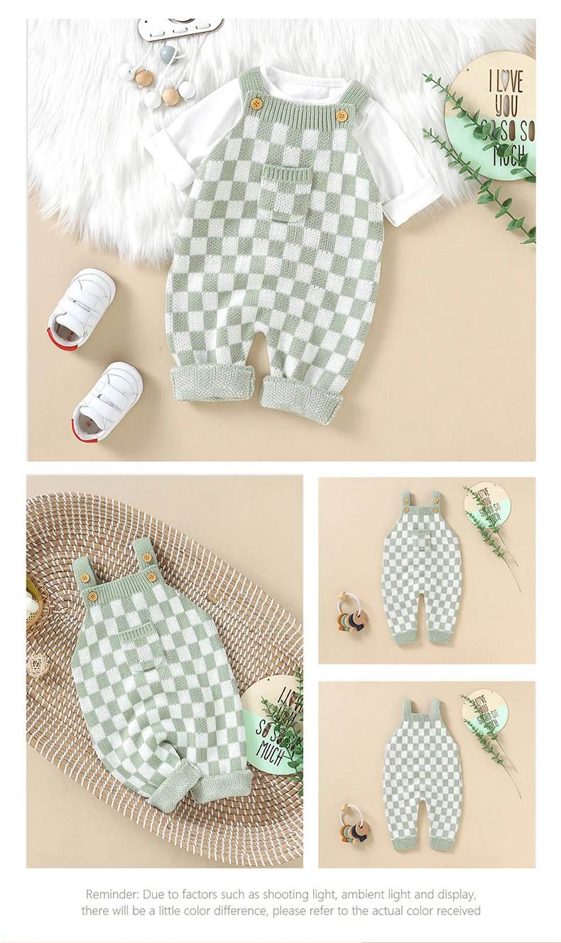 Neugeborenen Baby Strampler Gestrickte Säuglings Jungen Overall Ärmellose Herbst Kleinkind Kind Sling Kleidung Mode Plaid Tasche 0-18M Overalls – Detail 5