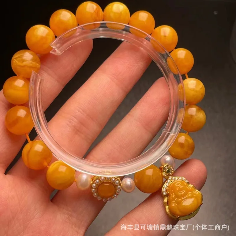 Factory Natural Old Wax with Pearl 925 Silver Inlaid Beeswax Buddha Design Bracelet