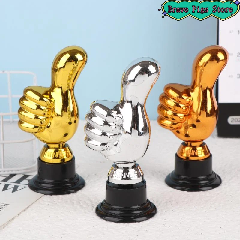 1 Piece Mini Victory Trophies Award Prizes Thumbs Up Trophy Plastic Gold Trophies Encouragement For Home Desktop Decor