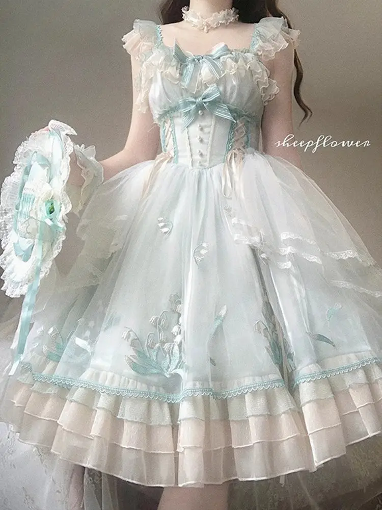 Vestido com alça bordada Lolita doce para mulheres, vestido elegante e lindo, presente adulto, Lolita Sports Games