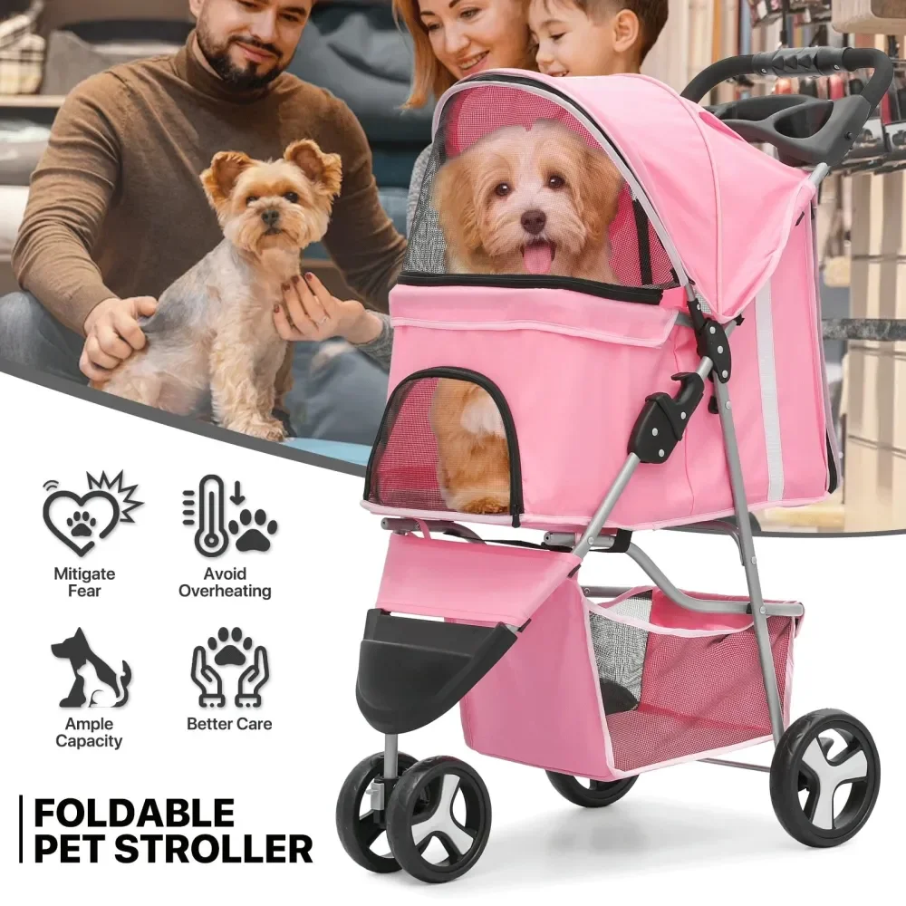 

Foldable Dog Strollers For Small Dogs With Weather Cover, 3 Wheels Pet Strolling Cart For Dogs And Cats With Storage Basket And