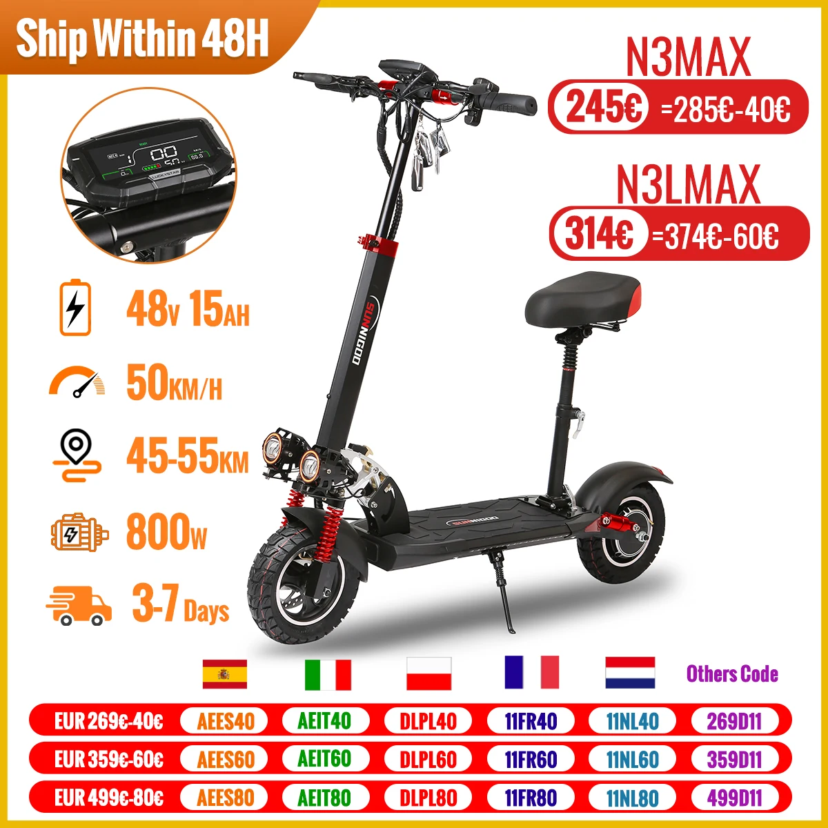 800W Powerful Electric Scooter 48V 15Ah Max Speed 50km/h 50km Range 10'' Tires Dual Shock Absorbing Folding EScooter for Adults