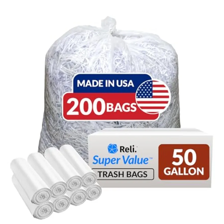 

Premium 50 Gallon Trash Bags 200 Count Made in USA Heavy Duty Bulk SuperValue Clear Multi-Use Garbage Bags