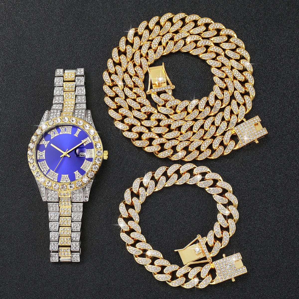 Relógio de cuarzo com mostrador romano masculino com pulseira e colar, colar fashion, caixa no incluída, 3 peças por conjunto