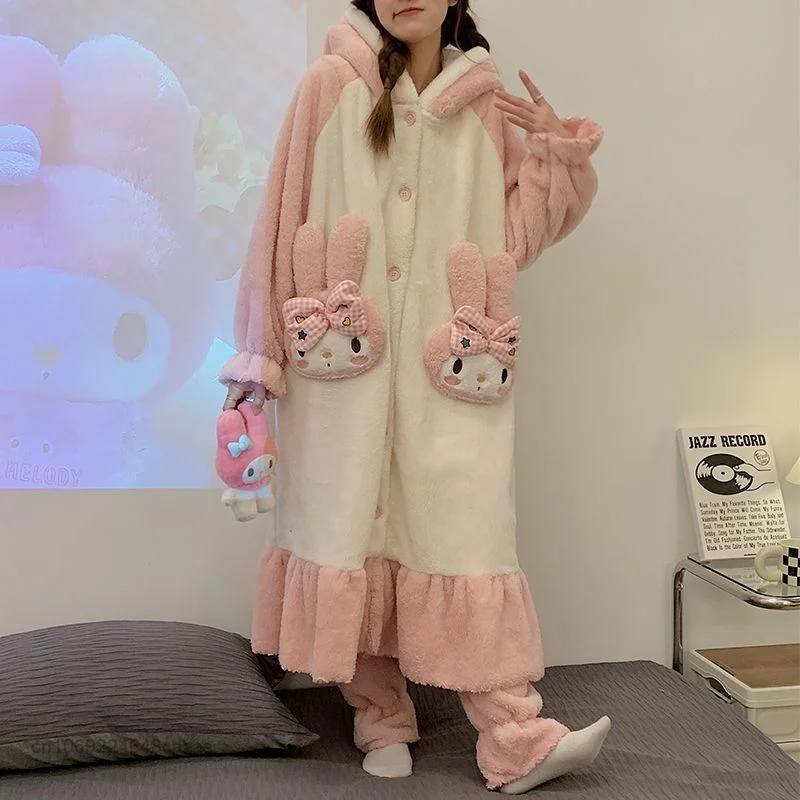 Sanrio My Melody Plush Warm Pajamas Kawaii Cartoon Winter Flannel Thickened Home Wear Set Coral Velvet Cute Home Suit For Women