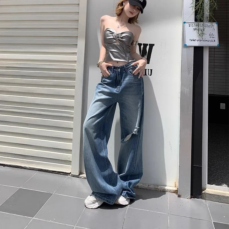 

Джинсы с дырками, женские широкие брюки, джинсовые брюки, потертые потертые карманы с высокой талией, уличная одежда 2025 года, винтажная длина до пола
