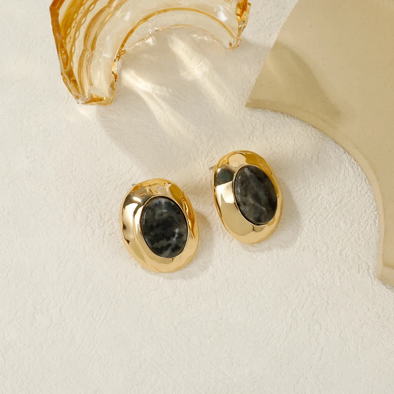 Badu Geometric Oval Stud Earrings For Women Vintage Metal Natural Stone Statement Earrings Fashion Jewelry Gifts
