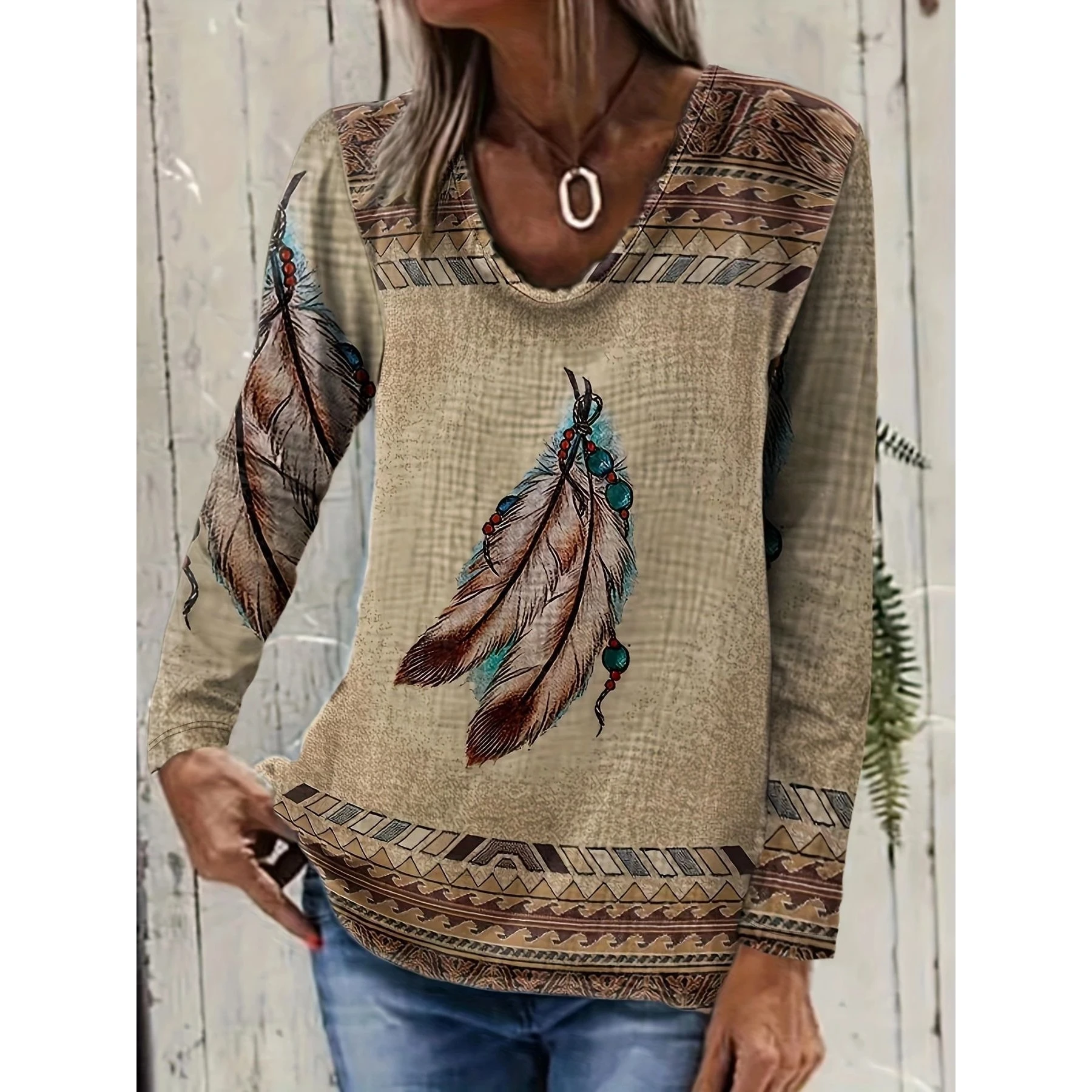 

Ретро-футболка с круглым вырезом и длинным рукавом для женщин, повседневная, из полиэстера, с винтажным принтом, модная, весна-осень