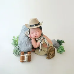 Pasgeboren Fotografie Outfits Kleine Baby Ontdekkingsreiziger Kostuum Groene Planten Foto Versieren Rekwisieten Baby Camping Stijl Fotoshoot Thema