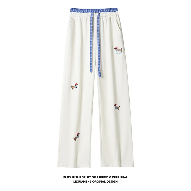 【Mirrordust】2025 Autumn Double Waistband Puppy Embroidery Long Pants American Street Style Casual Sweatpants M-5XL