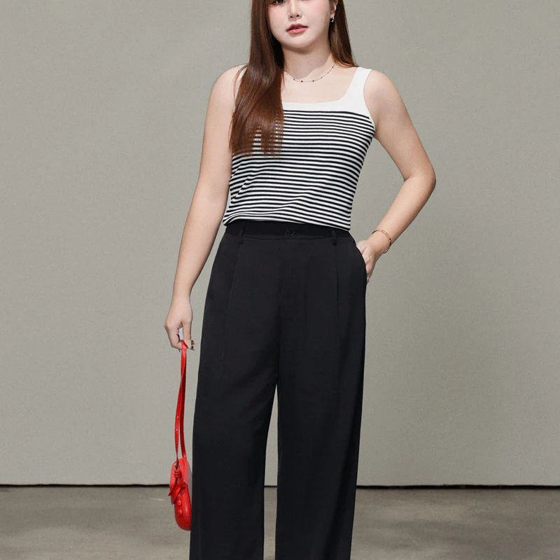 XXXL Fashion Plus Size Woman Clothing Camisole Premium Pinstripe Knitted Wide Shoulder Strap Simple Square Collar Tank Top 8785