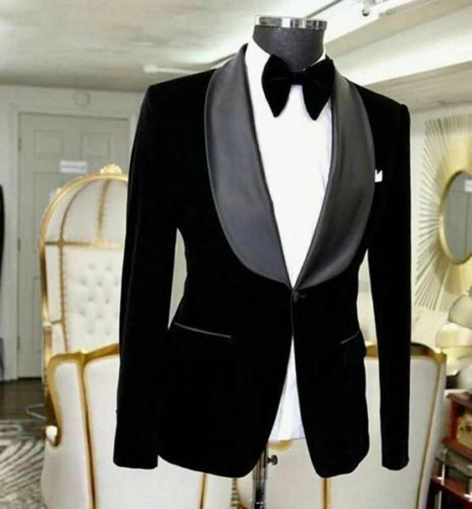 Men\'s Black Velvet Jacket & Black Pants Suit Shawl Lapel One Button Wedding Prom Speech Christmas Party Prom Casual Suits