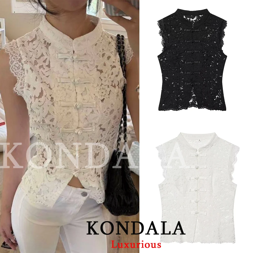 KONDALA Holiday Sexy Chic Women Tank Top Lace Button Hollow Out Turn-down Collar Sleeveless Top Fashion 2026 Spring Summer Top
