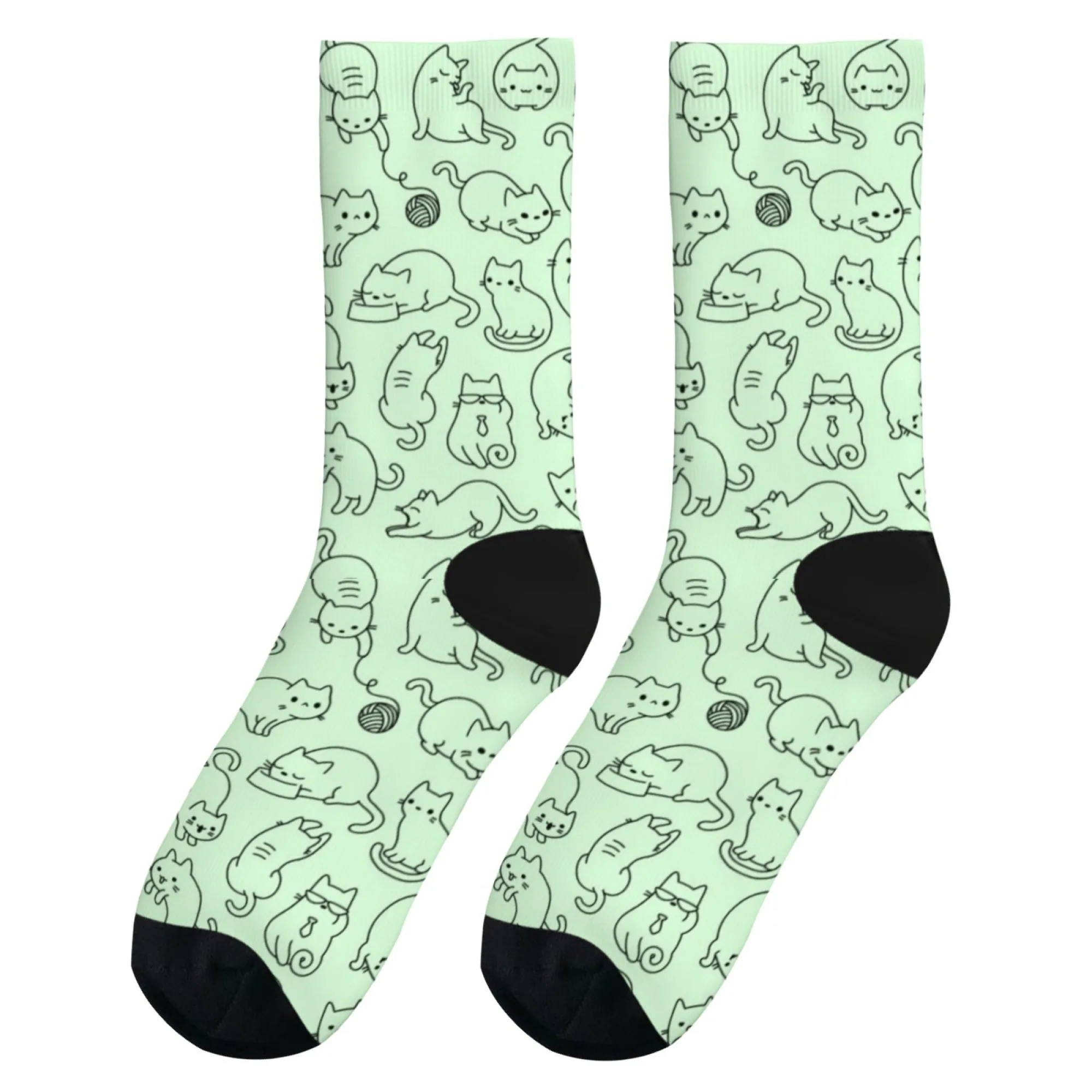 Meias artísticas de desenho animado kawaii, adorável detalhe multi-gato em verde menta, meias elásticas unissex para amantes de gatos da moda