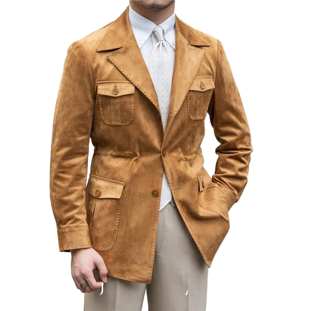

Suede Jacket Single Breasted Lapel Neck Slim Fit Linen Men's Suits Jacket Blazer With Real Pocket（Just One Jacket）