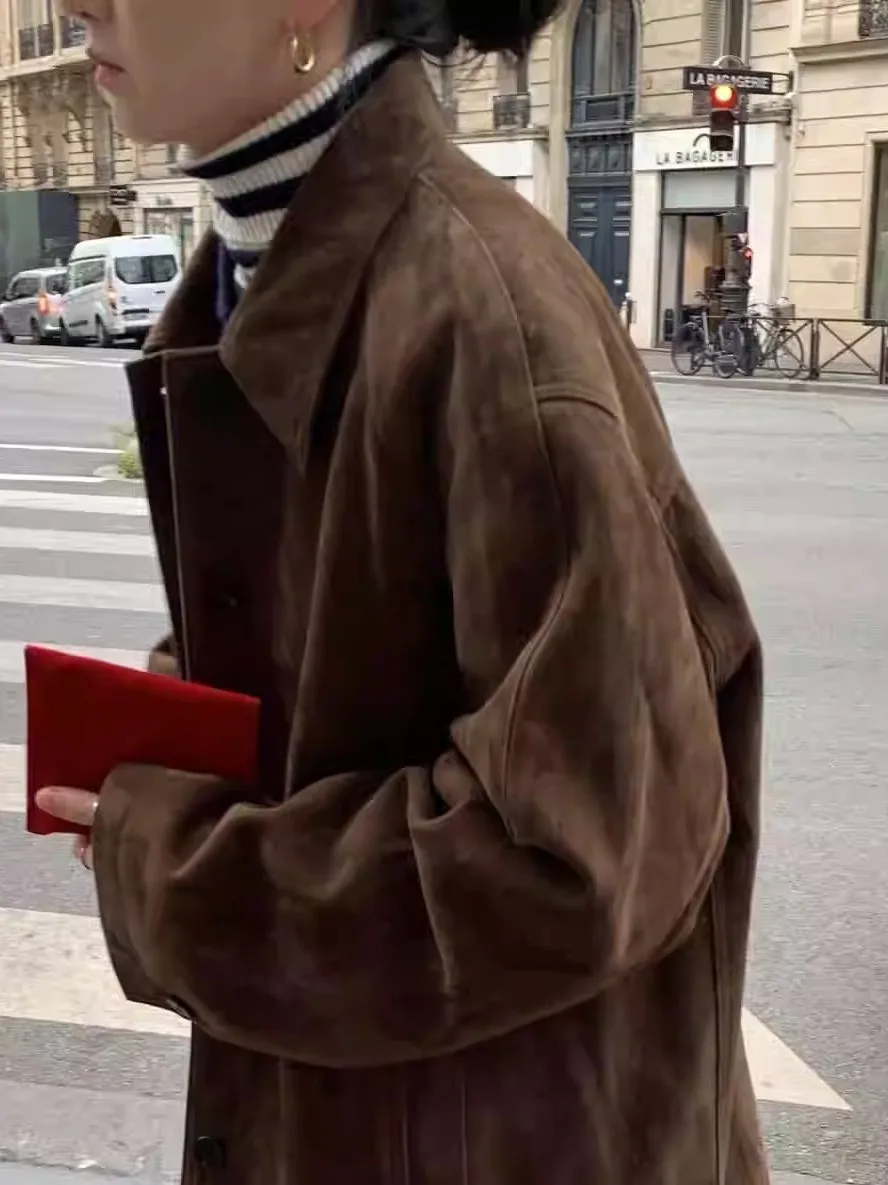 Le*obe Dongda Gate Terno F Vintage de Camurça com Gola Lapela e Decote Amplo, Estilo Versátil para o Dia a Dia, Manga ...