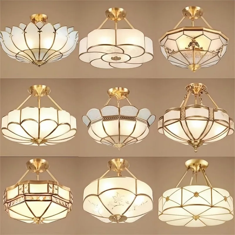 Full Copper European  Style Ceiling Light for Living Room Bedroom Dining Room American Semi-Mounting Copper Lighting Fixture