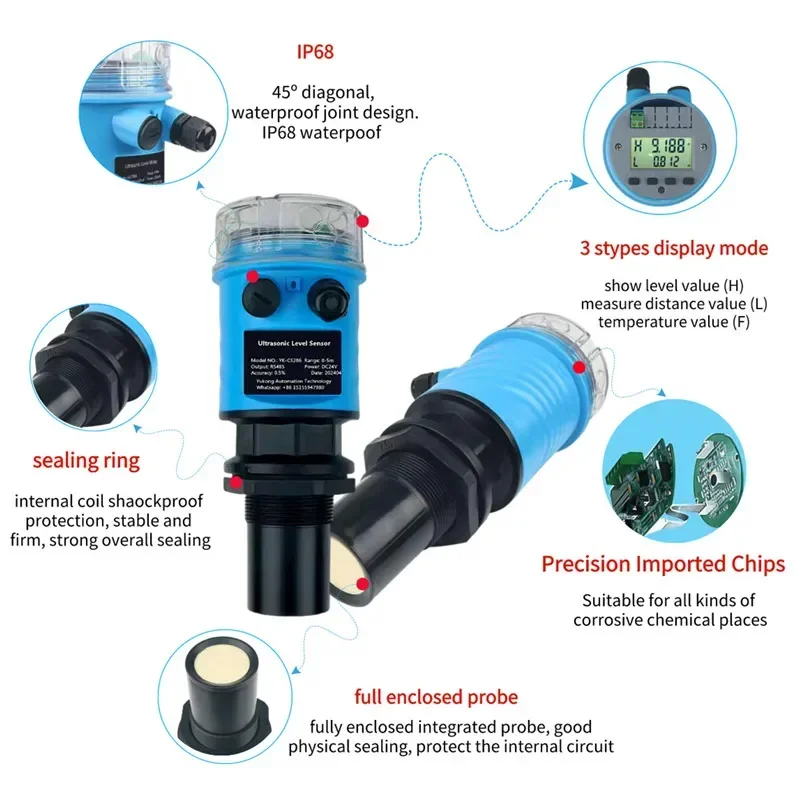 IP68 Ultrasonic level meter tanks water level transmitter waterproof type 4-20mA RS485 liquid level gauge DC24V