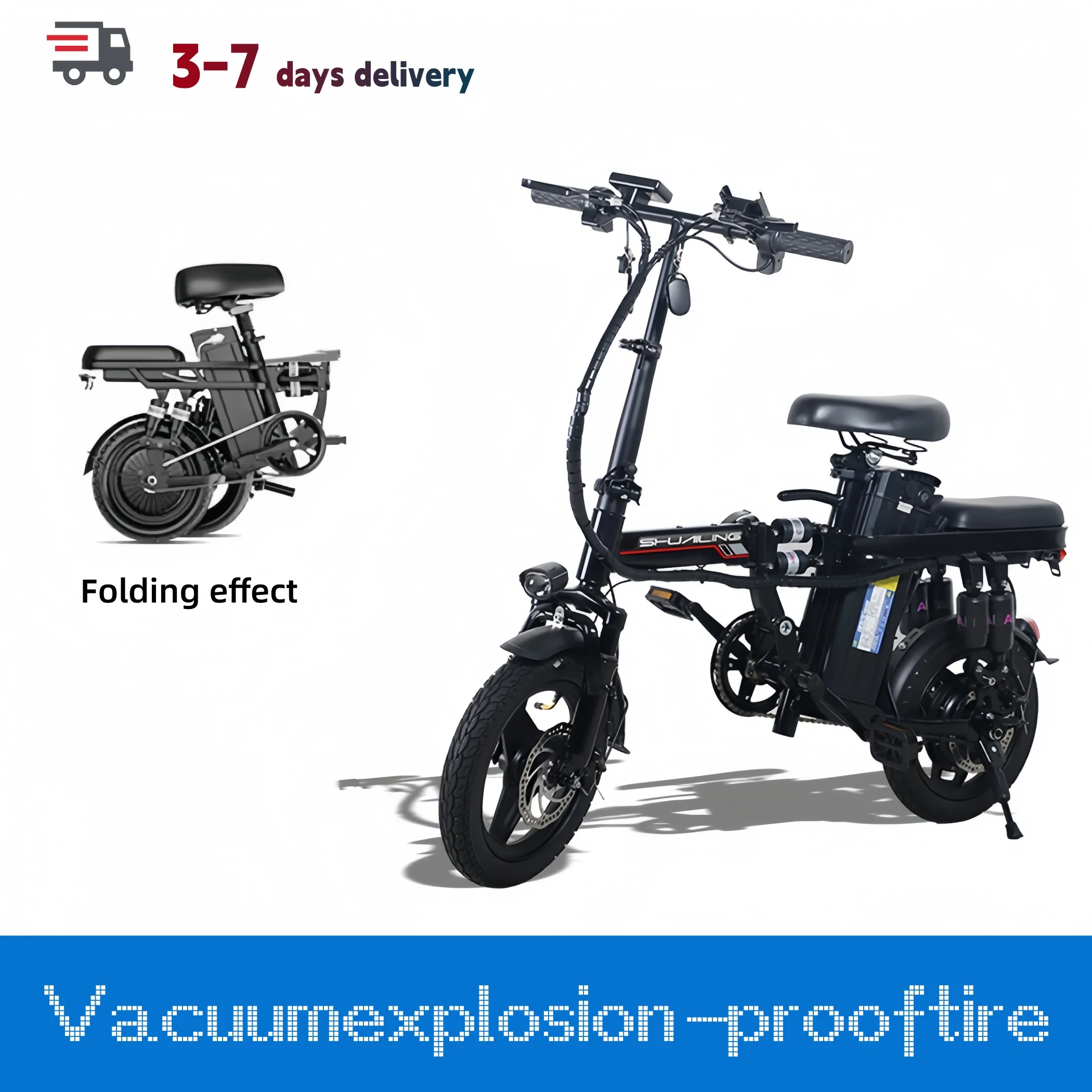 

Foldable electric bicycle for adults, equipped with 14-inch tires, 400W motor power, 48V 15Ah capacity lithium battery, three sp