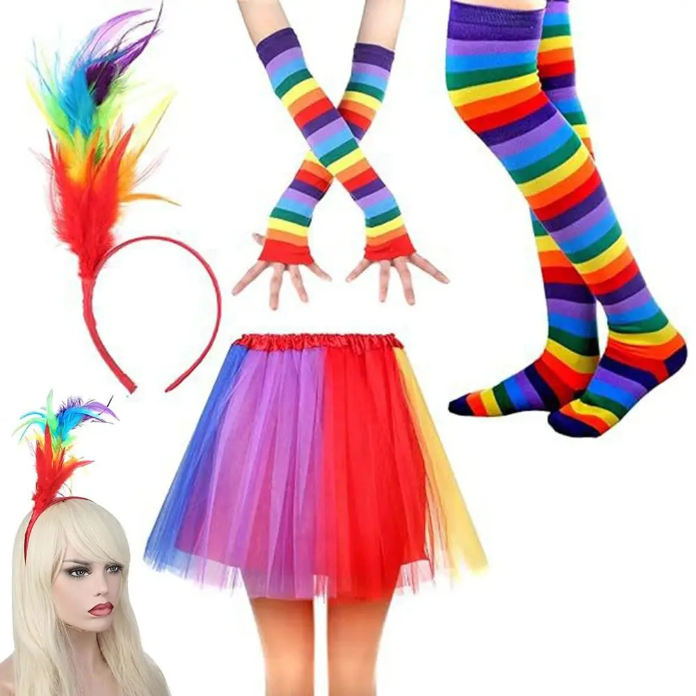 

Colorful Rainbow Tutu Skirt Beautiful Pride Day Rainbow Striped Socks & Gloves Feather Headband Soft Party Costume Accessory Set