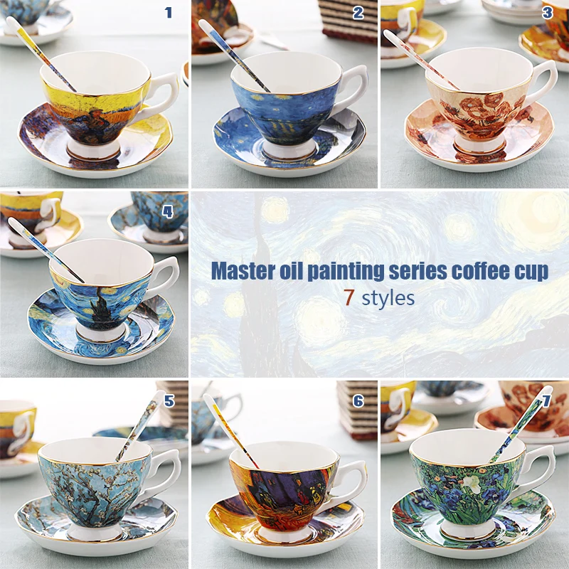 Bone China Coffee Cup And Saucer And Spoon Vintage Oil Painting Art Cafe Espresso Cup European Afternoon Tea Cup Coffee Mug