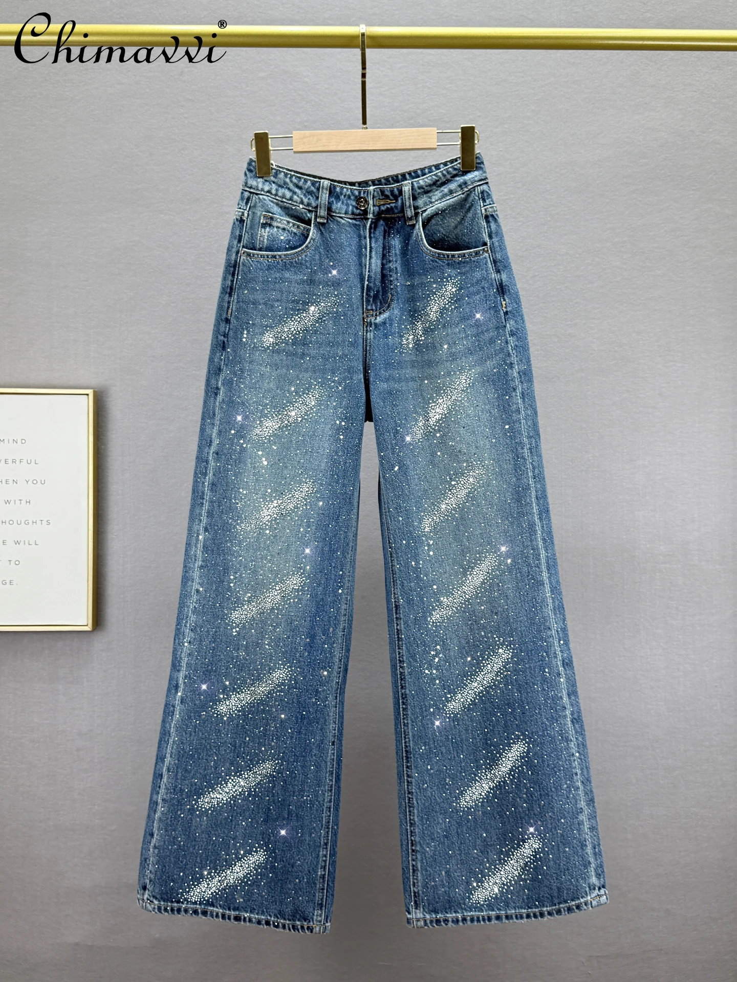 

Сверхмощные джинсы со стразами для женщин, осенняя одежда 202, новая мода, свободный крой с высокой талией, утягивающие элегантные широкие брюки