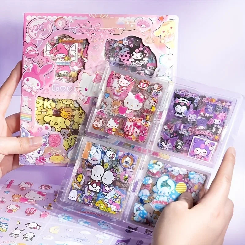 Hello Kitty Sanrio Non-Repeating 100-Piece Sticker Set Cinnamoroll Kuromi Waterproof Stationery Sticker Gift Box Birthday Gift