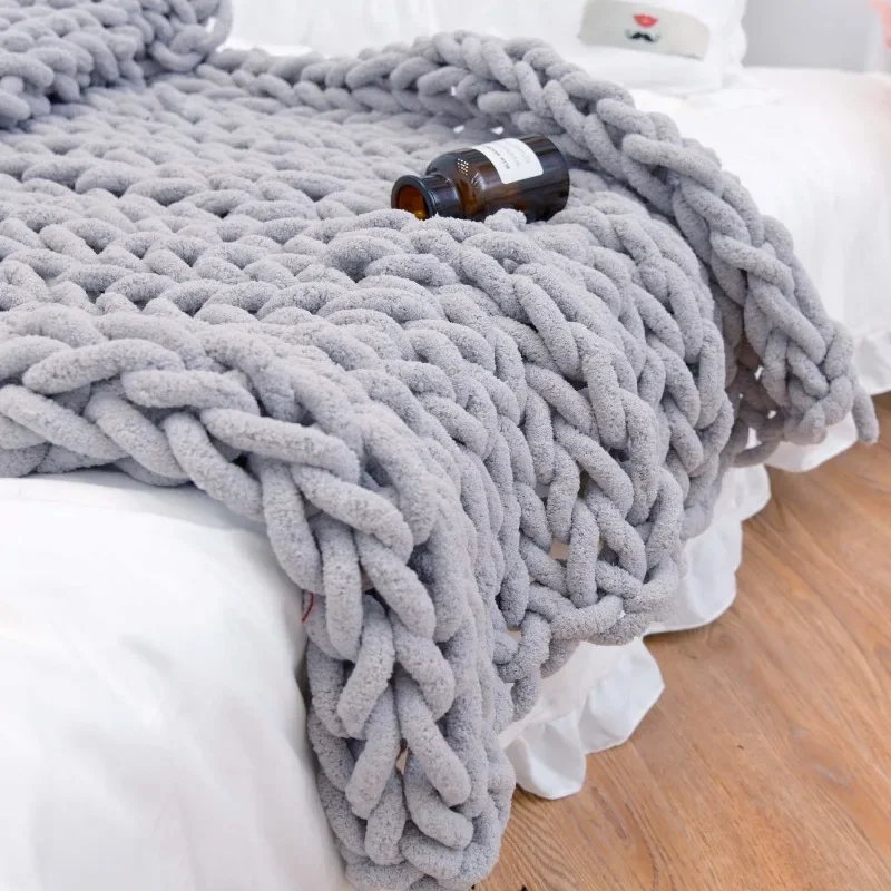 Hand Knit Chunky Chenille Yarn Blanket Soft Warm Knit Throw Sofa Blanket Cozy Home Decor Photography Prop