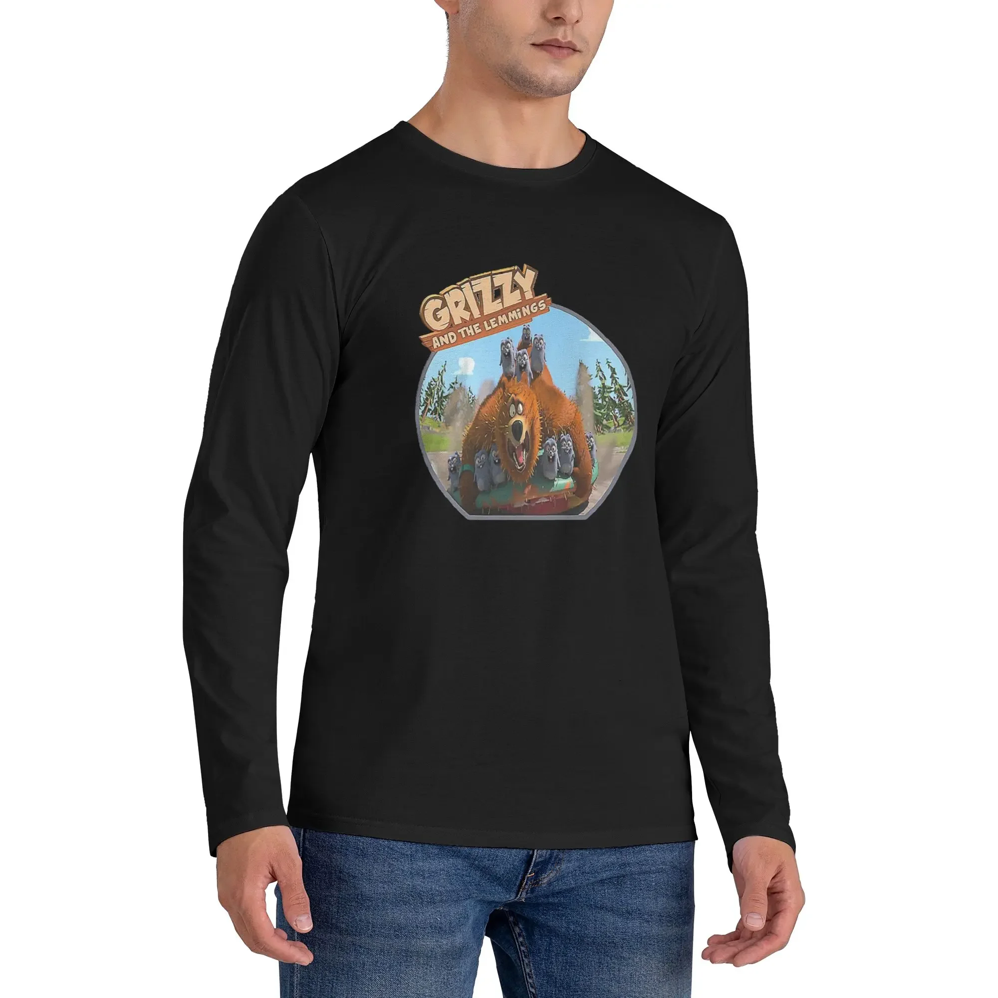 

Grizzy And Lemmings Men's Long Sleeved T-shirt Breathable Round Neck T shirts Spring and Autumn Men tops