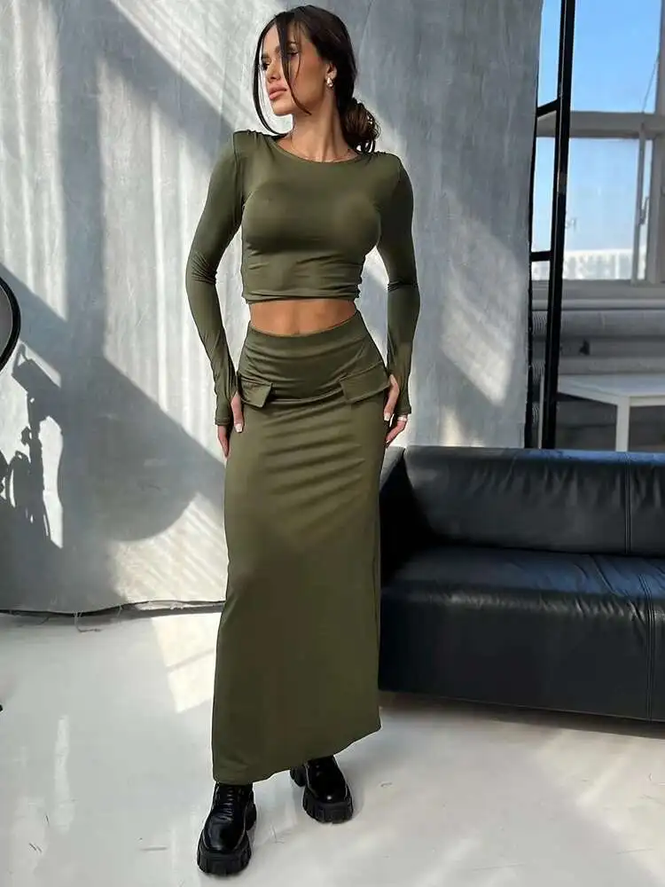 BabYoung جولة الرقبة قطعتين المرأة البدلة كم تي شيرت طويل الإناث الخريف الشتاء ضئيلة تنورة أنيقة مجموعات