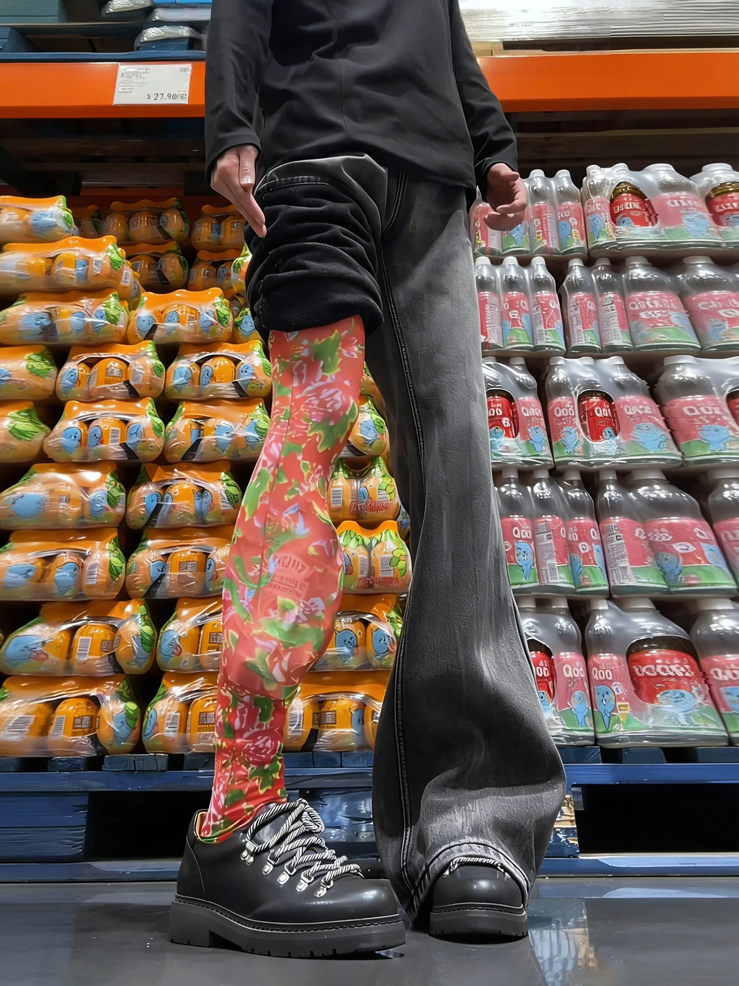 

Low Waist Straight Leg Men's Jeans Fleece Lined Extended Length Slimming American Style Bootcut Pants Lightning Bamboo Pattern