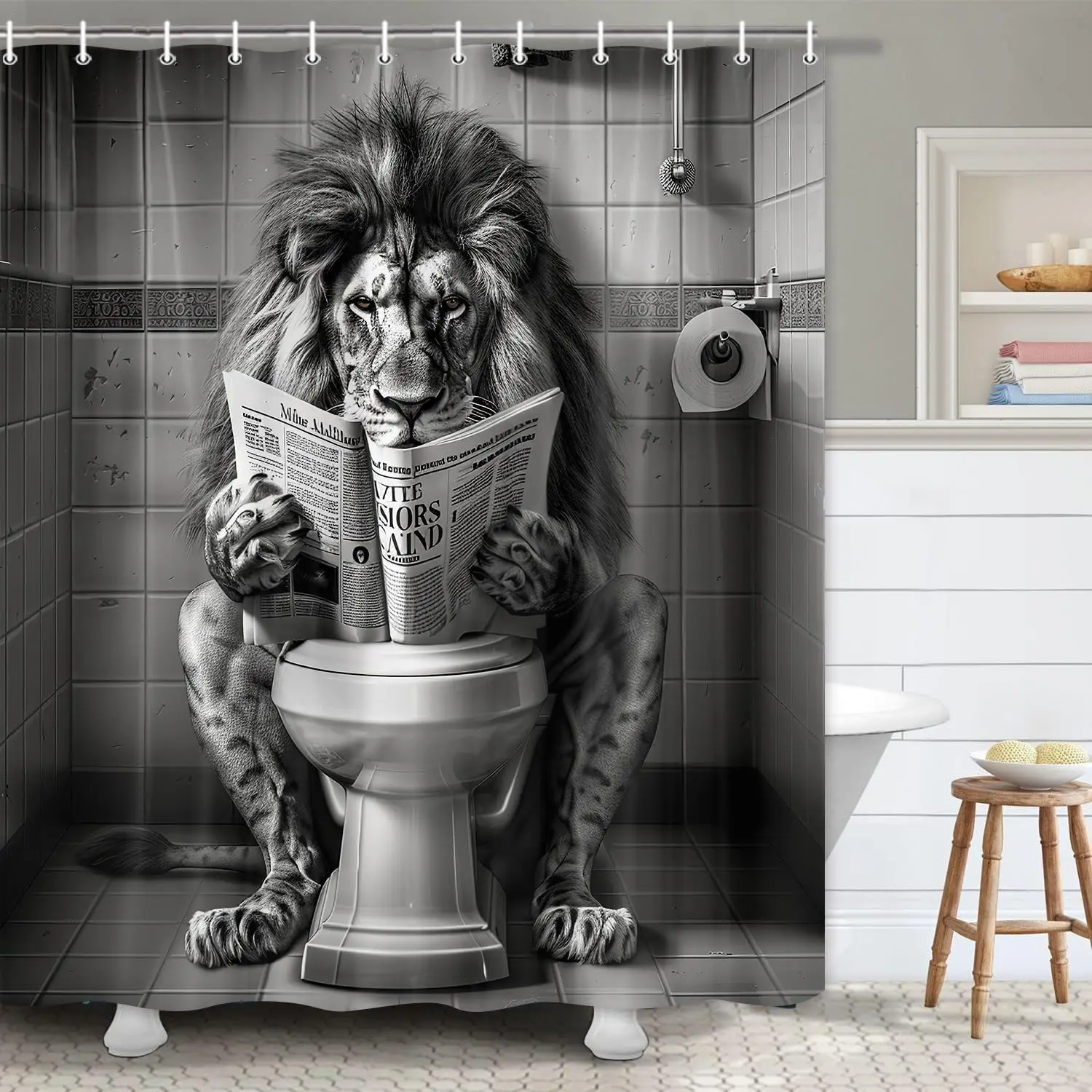 Cool Lion Shower Curtain, Fun Leo Wild Masculine Animal Humor Leo Animal on Toilet Shower Curtains Set 12 Hooks Shower Curtain