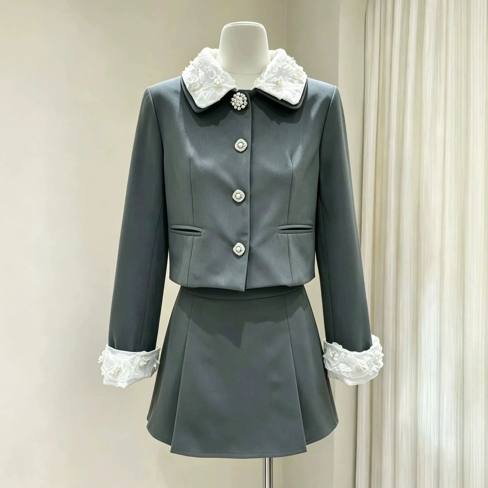 A Line Skirt Long Sleeves Set Socialite Style with Beaded 3D Embroidery Little Luxury Style Beaded Details Elegant Women Sets