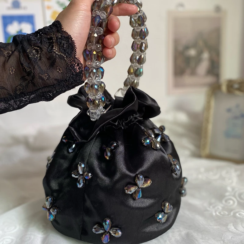 Soft Satin Hobo Bag Women\'s Handbag Transparent Beads Beading Handmade Bucket Purse Luxury Fashion Evening Bag Shoulder Bag