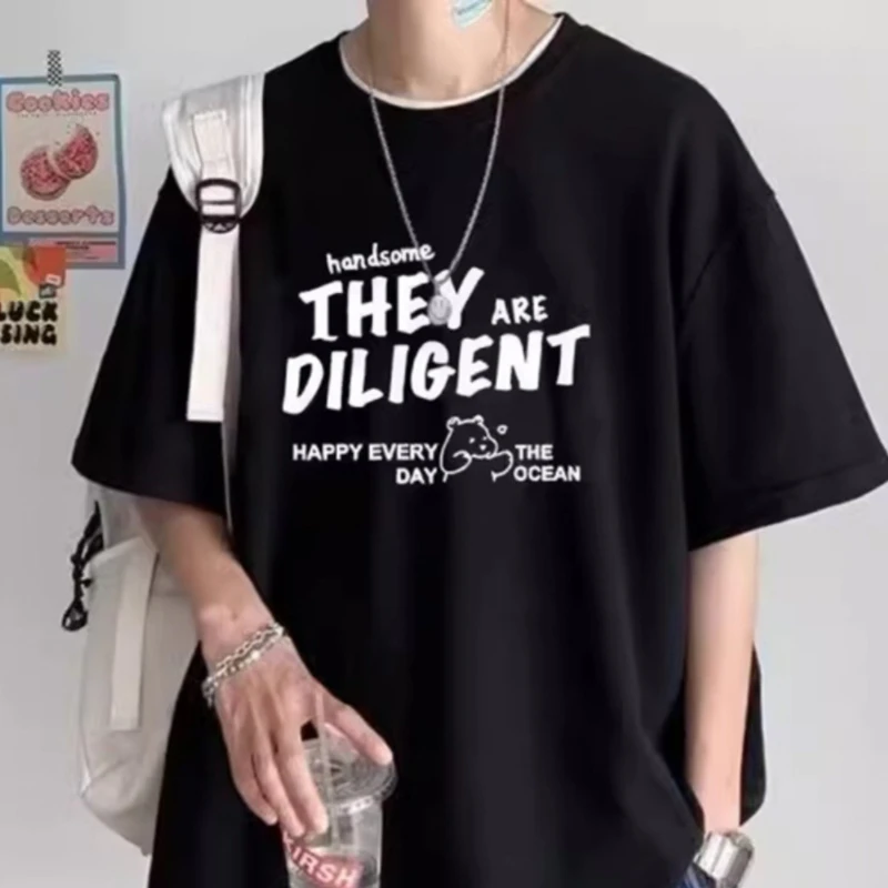 

2025 New American Fashion Letter Printing Pure Cotton Men's Short-sleeved T-shirt Street Outdoor Fashion Versatile Breathable