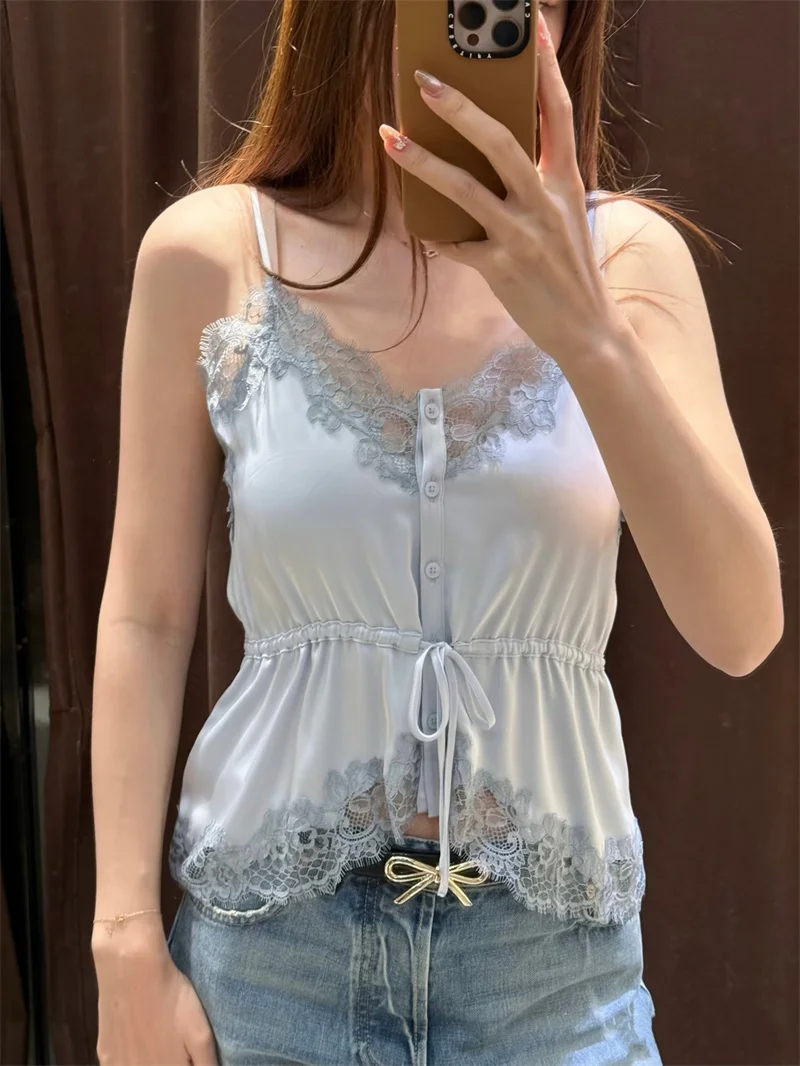 Guobioziy Women's Fashion 2026 Spring/Summer New Stylish Sexy Lace Off-Shoulder Decorative Satin Feel Camisole Crop Top