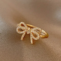 Yupsk Korean Fashion Micropaved Crystal Zirconia Bow Ring for Women Girls Exquisite Ins Trendy Minimalist Finger Rings Jewelry