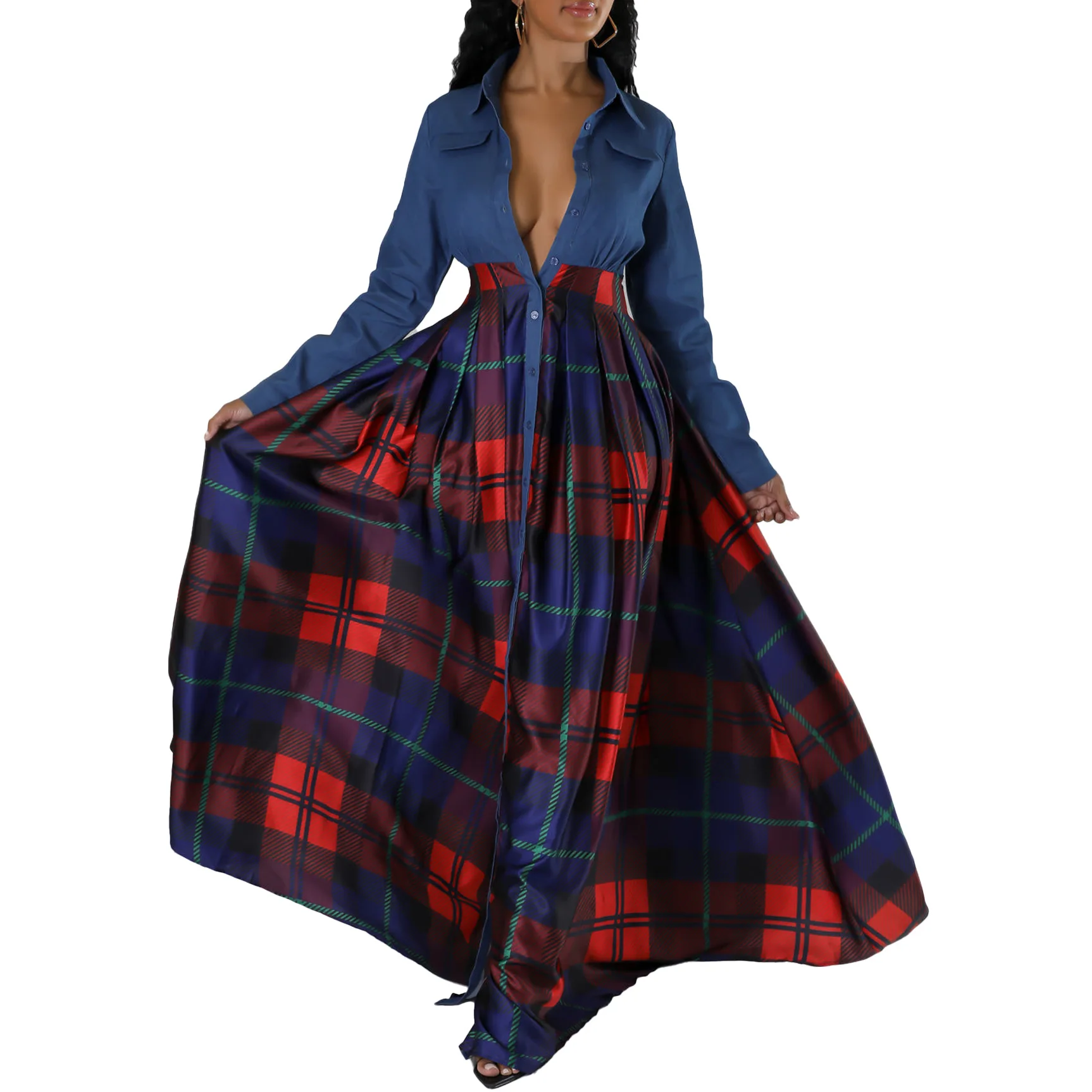 Women Fashion Casual Plaid Printed Lapel Neck Shirt Dress 2025 New Long Sleeves Patchwork Buttons Mxi Dresses Real Picture