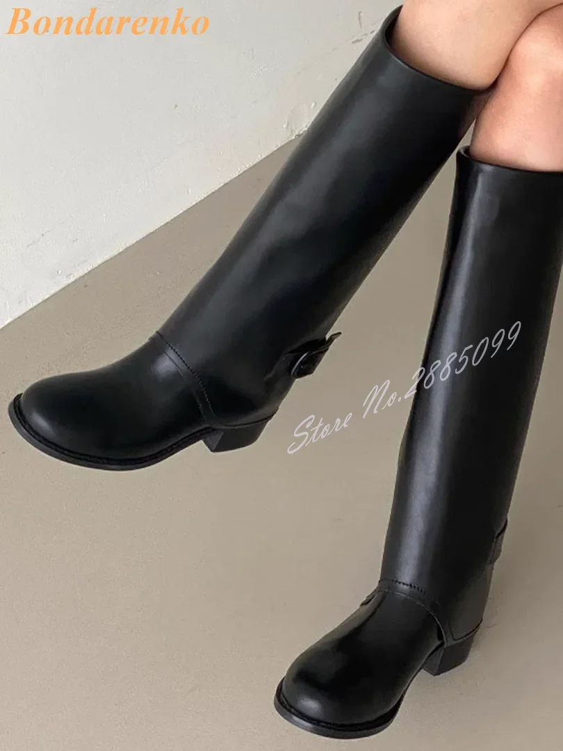 Buckles Trouser Knee High Boots Round Toe Chunky High Heels Solid Leather Women Casual Shoes Autumn Winter Party Designer Boots