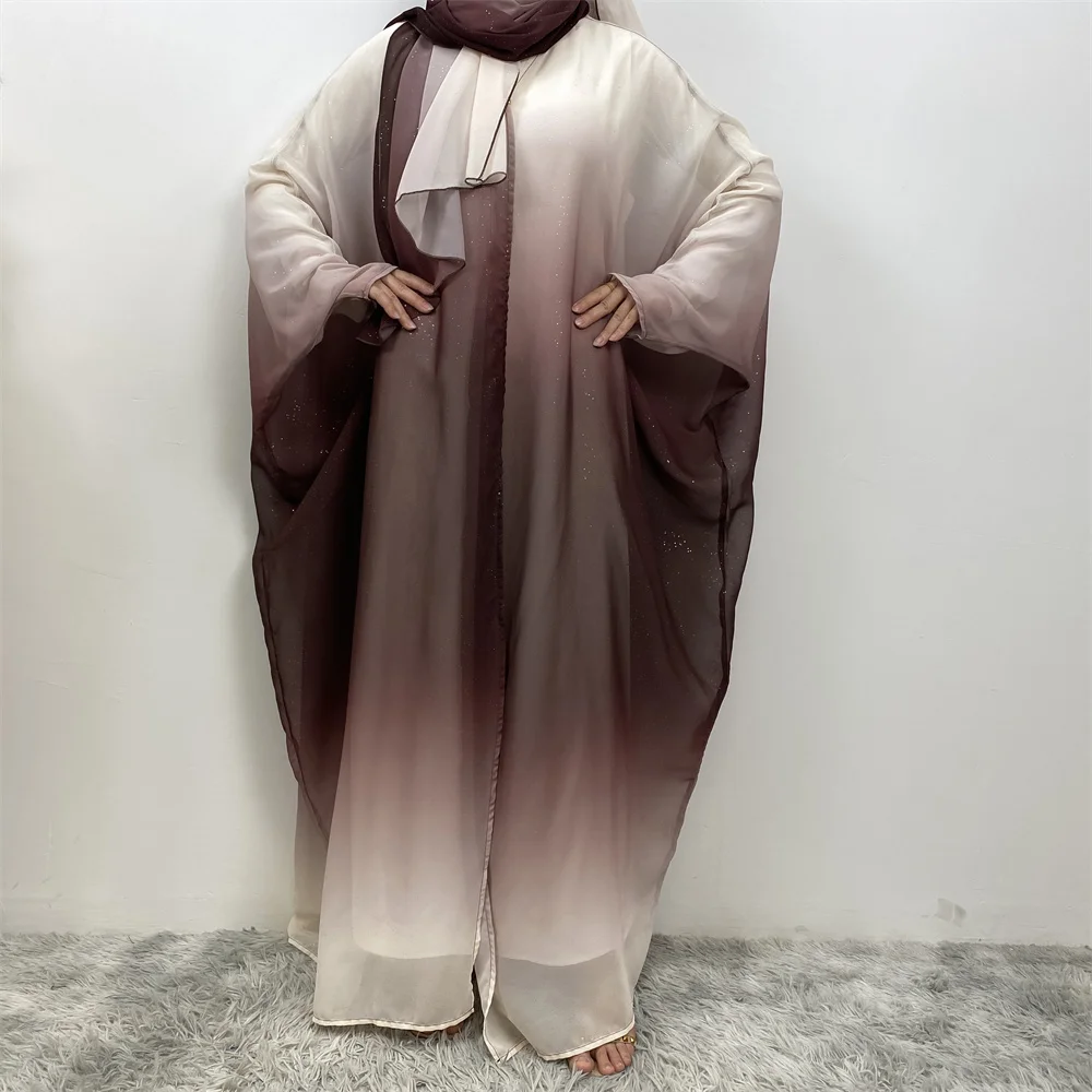 New fashion Muslim women\'s robes Cardigan in Dubai Turkish Arab women fashion chiffon cardigan gradual bat cuff headscarf suit