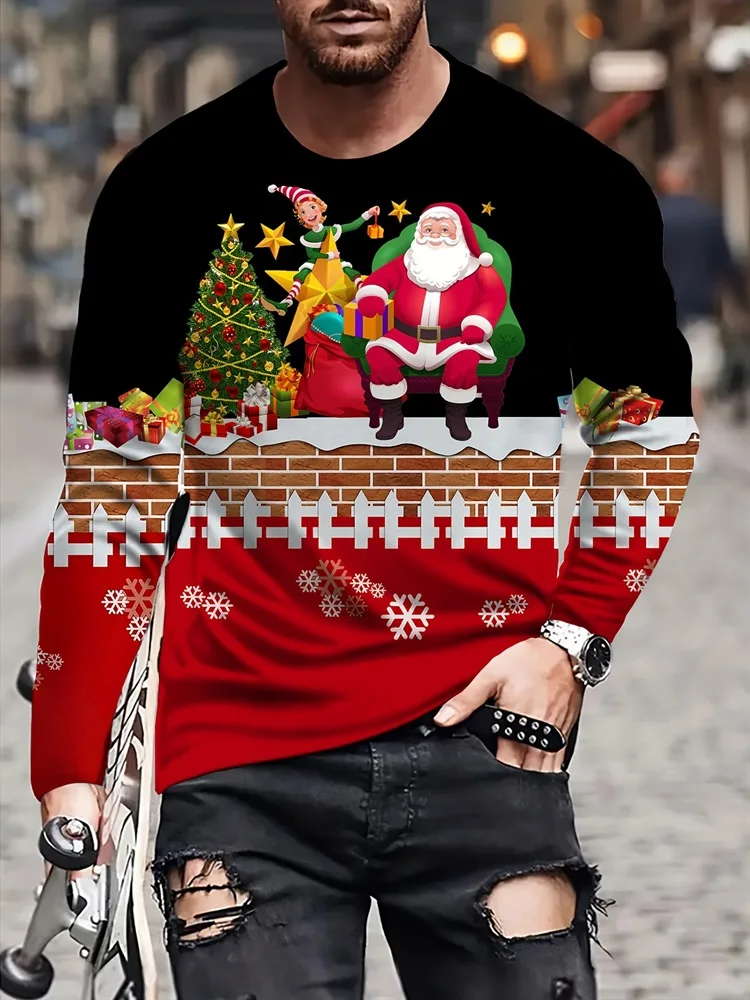Men's Christmas Santa Claus Elf Tree Gift Box Long Sleeve T-Shirt Graphic Tee Pullover Tops Gift New Fashion Holiday Style