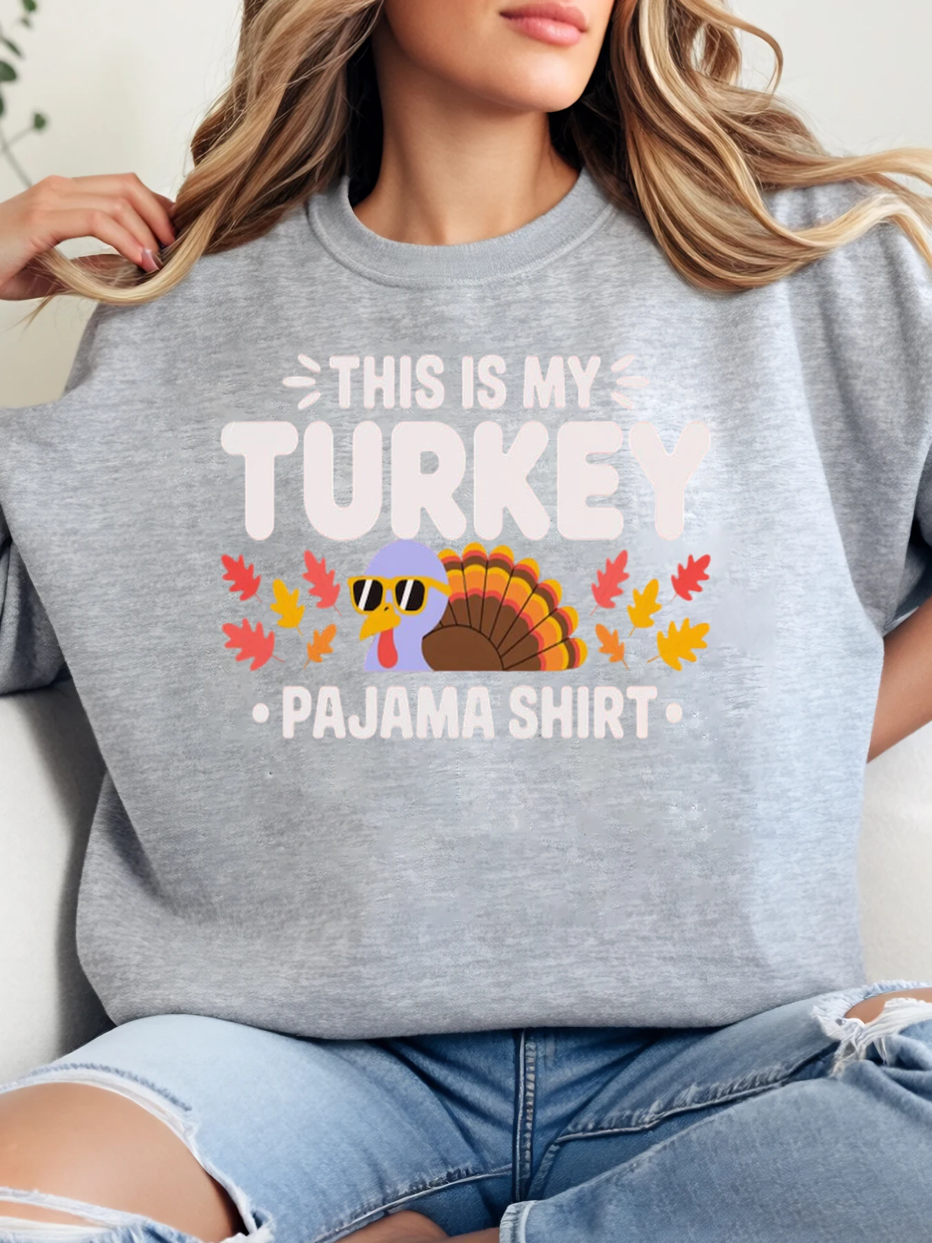 

Пижамная рубашка с турецким принтом This Is My Turkey, толстовка на День Благодарения, женская повседневная домашняя одежда, серая, больших размеров