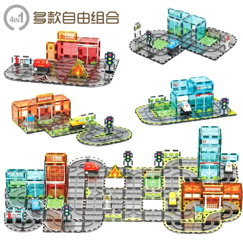 Magnetic Building Blocks Set with Electric Rail Car, Urban Traffic & Color Window Design view 6